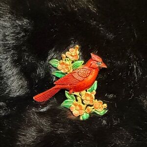 Elegant Red Cardinal Brooch with Floral Accents by JJ